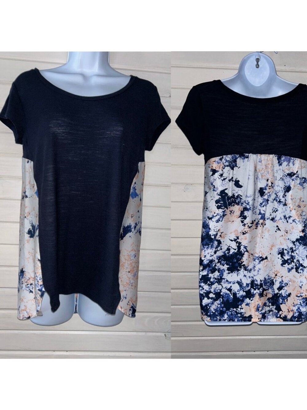 DELETTA Anthropologie Sz SMALL Navy Blue Mixed Media Knit Tunic Floral EUC
